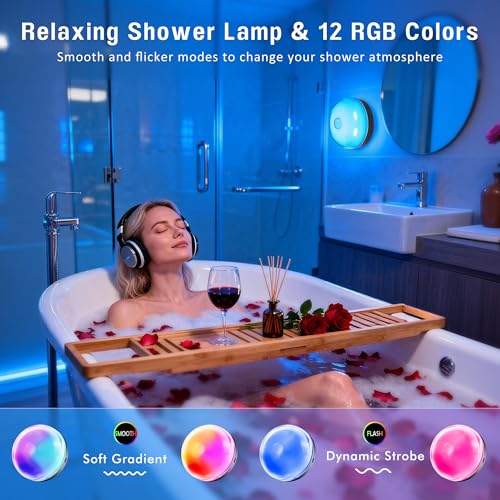 Loscarol Rechargeable Shower Lights with Remote, 15 RGBW Color Changeable Shower Lamp Waterproof, Dimmable ＆Timer Ceiling ...