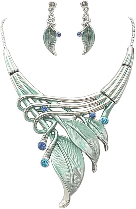 Rosemarie & Jubalee Women's Unbe-leaf-ably Stunning Crystal Rhinestone Accented Textured Metal Leaf Statement Necklace Ear...