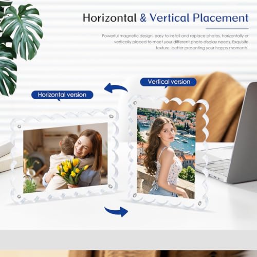 Novacrylion 2Pack Acrylic Magnetic Photo Frame 5x7 Inch - Sleek Scalloped Design, 10+10mm Thick Crystal Clear Block, Frees...