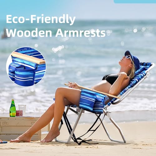 Tall Beach Chairs for Adults, 17" High Backpack Beach Chair with Wooden Armrests, 5 Positions Reclining Heavy Duty Chair w...
