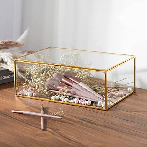 WHSLILR 10.8” Glass Jewelry Box Gold Card Box with Hinged Lid, Gold Keepsake Box for Storage Wedding Card, Trinkets, Photo...