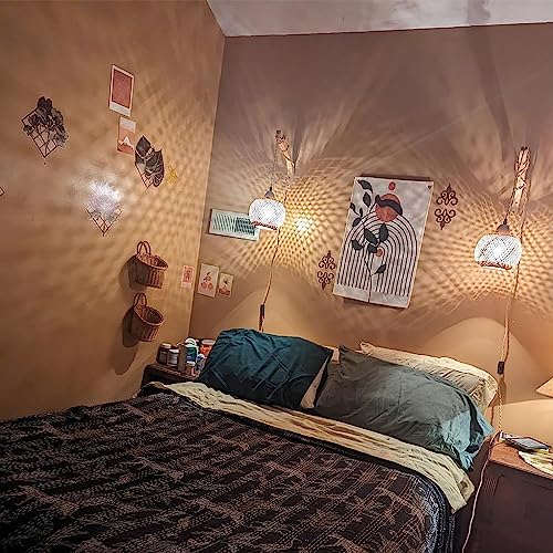 Frideko Bamboo Lantern Plug in Wall Sconces Wicker Wall Lamp with Plug in Cord Hand Woven Rattan Wall Light Farmhouse Rust...