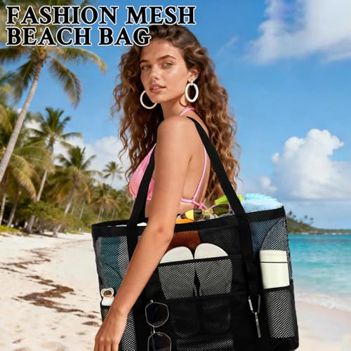 GYEUKHAM Mesh Beach Bag - Large Beach Tote Bag with Multiple Pockets for Family Beach Bag for Toys & Vacation Essentials