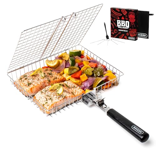 SHIZZO Grill Basket Set, Barbecue BBQ Grilling, Stainless Steel Folding Portable Outdoor Camping Rack for Fish, Shrimp, Ve...