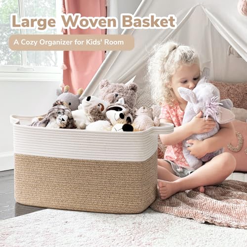 Goodpick Large Woven Blanket Basket, 21.6" x 14.9" x 11.8" Storage Baskets for Organizing, Rectangle Cotton Rope Toy Baske...