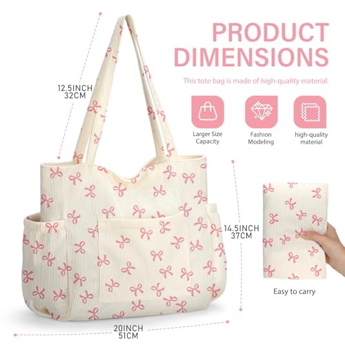 Corduroy Tote Bag for Women,Large Capacity Cute Tote Bags With 6 Pockets,Crossbody Shoulder Handbag for Work Travel Gym