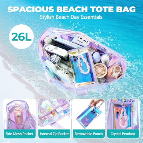Sisipoet Large Beach Tote Bags for Women, 26L Iridescent Clear Tote Bag, Waterproof Tip-Proof Tote Bag for Beach, Gym