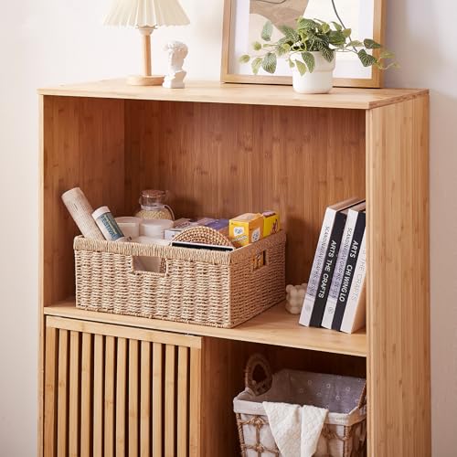 OIAHOMY Wicker Storage Basket, Rectangular Paper Rope Shelf Baskets with Built-in Handles, Woven Decorative Organizer for ...
