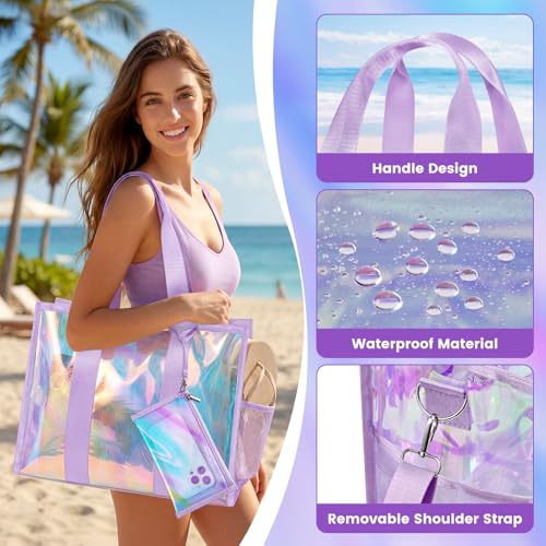 ComfyKit Iridescent Beach Bag for Women,PVC Pool Bag with Cosmetic Pouch&Phone Pouch,Summer Beach Tote for Travel & Vacation