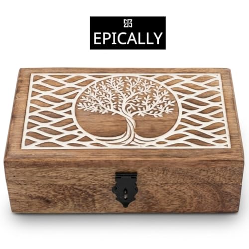 Rustic Wooden Memories Keepsake Box (8x5x3in) | Decorative Celestial Witchy Box For Alchemy, Tarot Card, Apothecary, Alta...