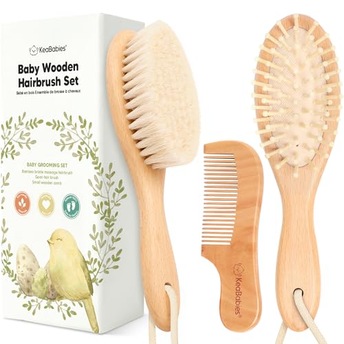 Baby Hair Brush Set for Newborns - Soft Goat Bristle Wooden Baby Brush and Comb Set Newborn Grooming Kit for Cradle Cap, D...