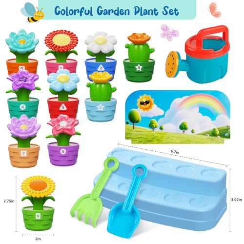 Montessori Flower Garden Building Toy for Toddlers, Gardening Set with Watering Can, Shovel, Rake, Shape & Color Sensory T...