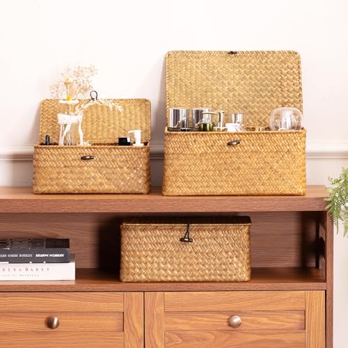 Nonam Storage Basket with Lid, Natural Seagrass Bin with Lid Set of 3, Shelf Baskets Multipurpose Container for Boho Decor...