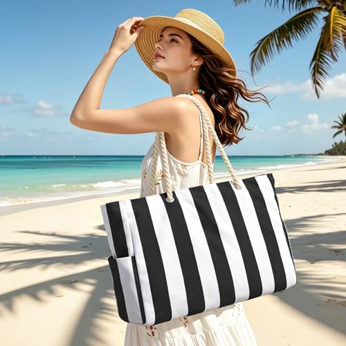 Becokan Women's Pool Swim Bag - Waterproof Sandproof Large Stripe Beach Tote with Zipper