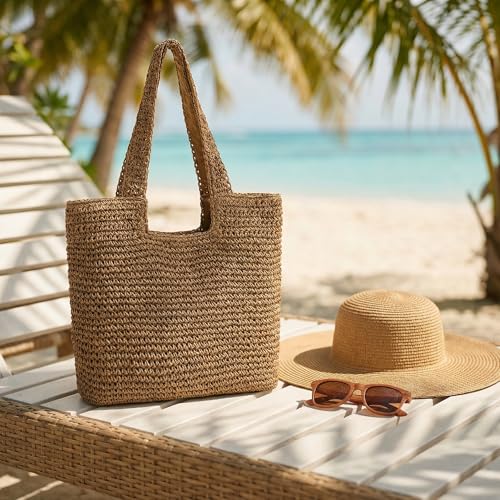 Bincaifenlan Straw Beach Tote Bag for Women, Large Handwoven Lightweight Boho Bag for Summer Vacation & Daily Travel