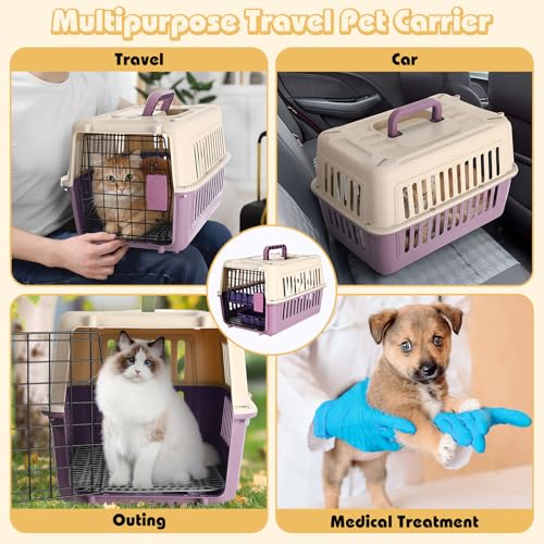 Fiwochic 2 Set Hard Plastic Pet Carrier Breathable Dog Cat Kennel with Metal Door Bowl Grille Mat Pet up to 14 Lbs Carrier...