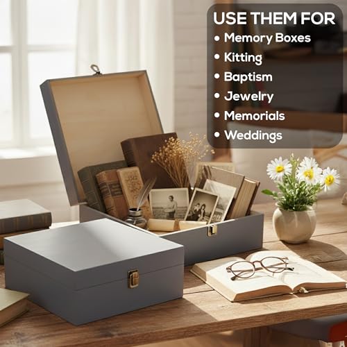 makerflo Medium Grey Pine Wood Memory Box with Hinged with Clasp, Black Felt Inside, Keepsake Wooden Box Ideal for Craft a...