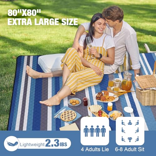 Picnic Blankets Outdoor Extra Large - 80"x80" Waterproof Beach Blanket, Machine Washable 3-Layer Foldable Park Mat with Sa...