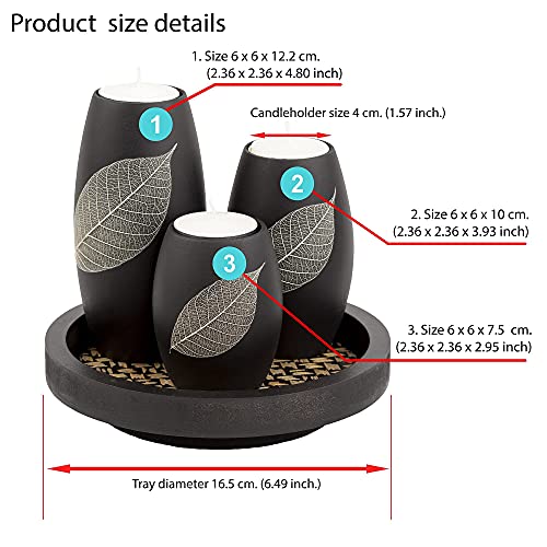 IYARA CRAFT Candle Holder Set with Tray – 3 Handmade Wood Tealight Holders, Black Leaf Design, Winter Home Décor, Spa-Insp...