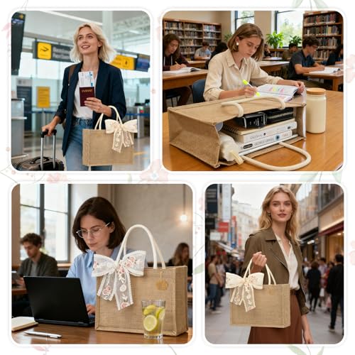 Burlap Jute Tote Bags with PE Lined Water-Resistant Interior, 13x9x5 Inch Reusable Bag for Beach,Shopping, Bridesmaid Gift
