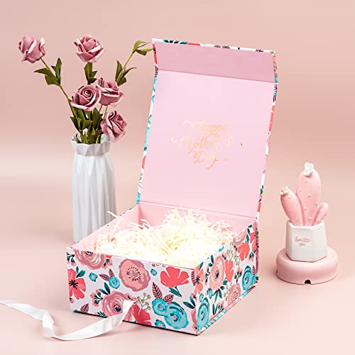 WRAPAHOLIC 1 Pcs 8x8x4 Inches Rose Gold Foil Happy Mother's Day Lettering and Floral Gift Box with Satin Ribbon, Collapsib...
