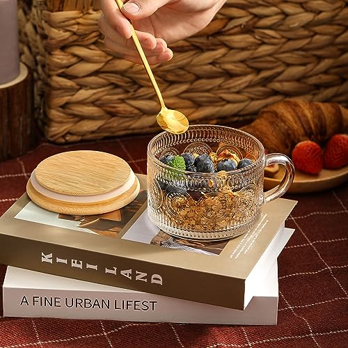 4pcs Set Vintage Coffee Mugs gifts for women, Overnight Oats Containers with Bamboo Lids and Spoons - 14oz Clear Embossed ...