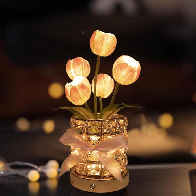 TXGZYBhg Tulip Flower Planet Lamp with Remote Control, Rechargeable Cordless Touch Dimming Artificial Flower Desk Lamp, LE...