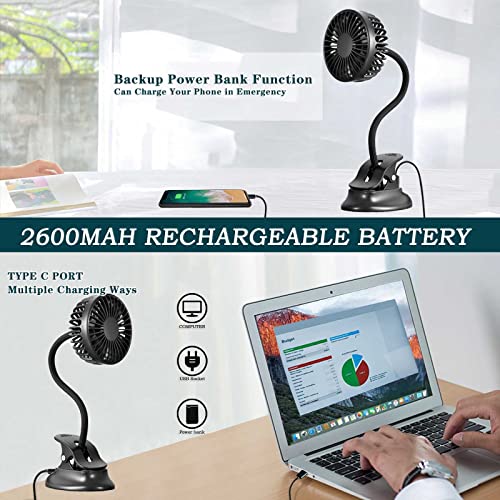 Glovion Clip On USB Mini Desk Fan with Emergency Power Bank, Battery Operated Rechargeable Portable Fan - Flexible Neck, 3...