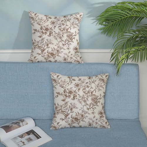 GOLIANDA Brown Pillow Covers 16x16 Set of 2 Brown and Cream Floral Chinoiserie Throw Pillows Vintage Rustic Toile Flower D...