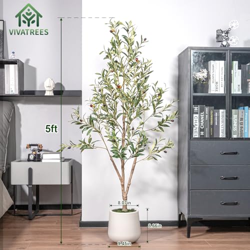 VIVATREES Olive Trees Artificial Indoor, 5FT Tall Faux Olive Tree with White Tall Planter, Artificial Plants with Natural ...