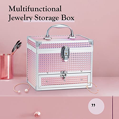 Hododou Girls Jewelry Box Organizer with Drawer & Mirror, Shiny Pink Style Lockable Storage Case for Kid or Little Girls J...