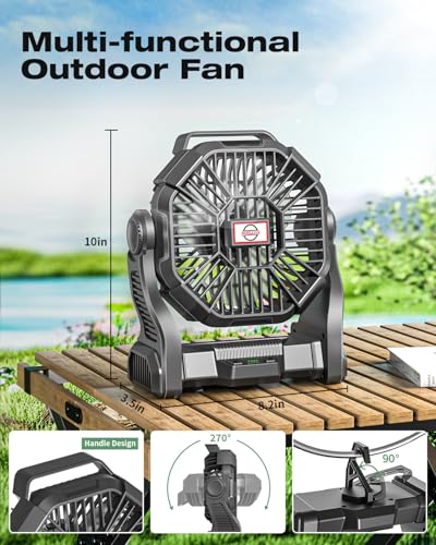 AEscod Portable Camping Fan, Rechargeable Battery Operated with LED Lights, Hanging Hook, 270°Rotation, 20000mAh Battery P...
