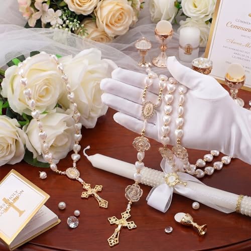 WILLBOND 3 Pcs Baptism Candle Gifts Set First Communion Rosary and Candle Set Catholic Bracelets Cross Necklace Holy Commu...