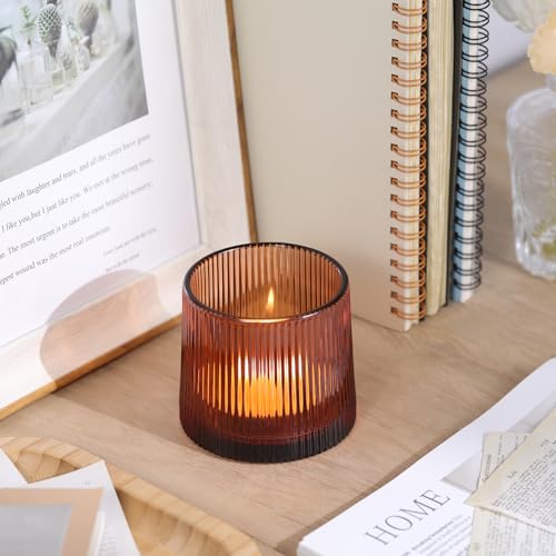 Amber Ribbed Tealight Votive Candle Holders Set of 10- Votive Candle Holders for Table Centerpiece, Tea Light Candle Holde...