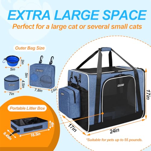 Petskd Extra Large Cat Carrier with Litter Box 24"x17"x17" for Medium Large Cat or 2 Small Cats, Collapsible Soft Sided Pe...