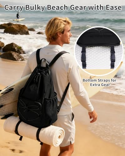 WANDF Drawstring Backpack with Removable Wet Pocket, Sandproof Beach Backpack with Bottom Compression Strap for Beach Mat,...