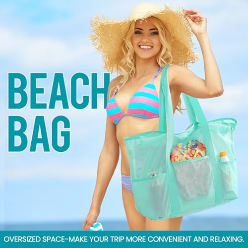 coclothy Mesh Beach Bag, Large Bag with Zipper Beach Bags for Women Waterproof Sandproof with 5 Pockets Green