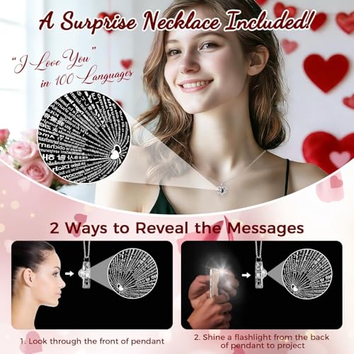TranquilBliss Gifts for Mom, Preserved Real Red Rose Gift Box with Heart Necklace,“I Love You” in 100 Languages, I Love Yo...