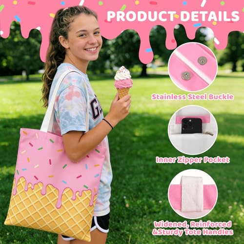 JATEBI 3 Pcs Ice Cream Canvas Tote Bag, Reusable Grocery Shopping Bag, Cute Shoulder Bag Gift for Ice Cream Lover Work Bea...