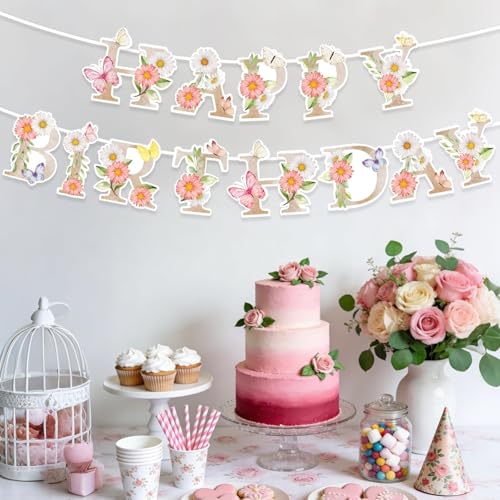 Flower Happy Birthday Banner Wildflower Butterfly Birthday Decorations Spring Floral Happy Birthday Sign for Women Girls F...