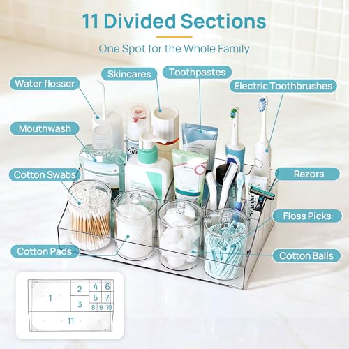 Vtopmart 5 PCS Bathroom Countertop Organizer, 1 Divided Tray with 4 Qtip Holder Jars, Restroom Clear Organizers for Toothb...