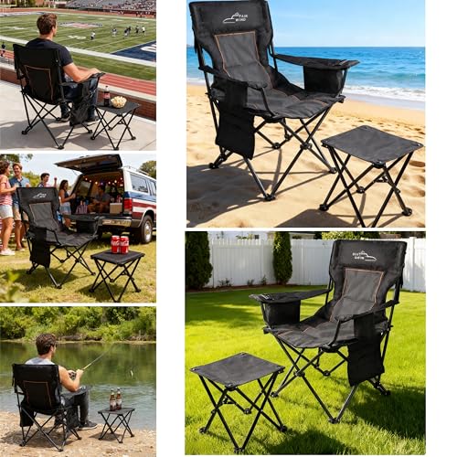 FAIR WIND Oversized Padded Camping Chair with Footrest Stool Set Heavy Duty Support 300 LBS Cooler Bag - Black