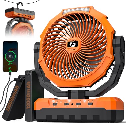 24000mAh Camping Fan - Detachable Rechargeable Battery Operated Fan with Light & Hook for Tent, Outdoor - USB Table Fan wi...