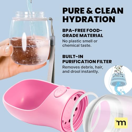 MalsiPree Leak-Proof Portable Dog Water Bottle for Travel - 19 oz, with Pink Bowl - Food Grade Plastic - Dog Bowls - Puppy...