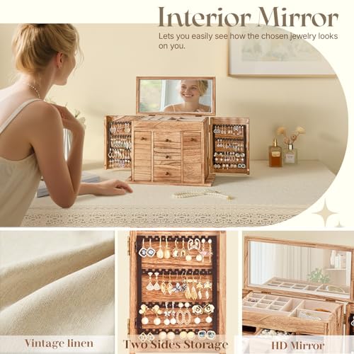 Poyilooo Jewelry Box Organizer, Solid Wood Jewelry Boxes fow Women with Mirror, Large Jewelry Organizer Box Display Earrin...