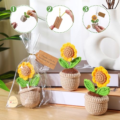 Soulchen 10 Sets Sunflower Teacher Appreciation Gifts Handmade Crochet Flowers with Card Thank You for Helping Me Grow Tha...