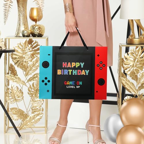 JOARHONAL Video Game Birthday Gift Bag - 13" Large Happy Birthday Gift Bag with Tissue Paper and Card for Boys Kids Video ...