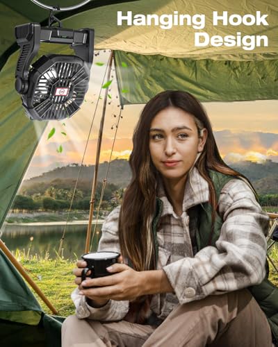 AEscod Portable Camping Fan, Rechargeable Battery Operated with LED Lights, Hanging Hook, 270°Rotation, 20000mAh Battery P...