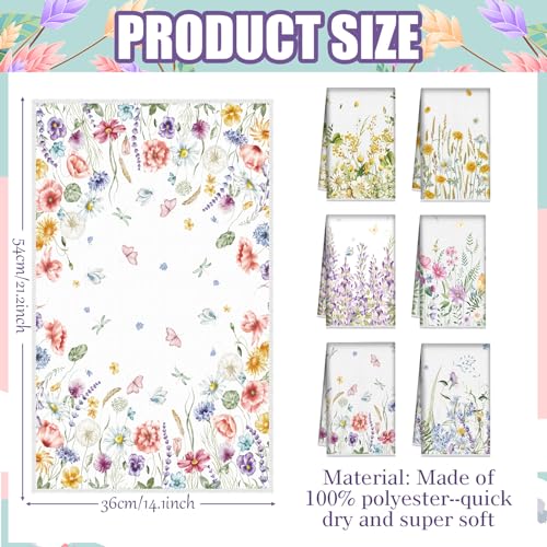 Redbaker 6 Pcs Floral Kitchen Towels Wildflower Print Dish Towels for Kitchen Absorbent Flower Butterfly Hand Decorative S...