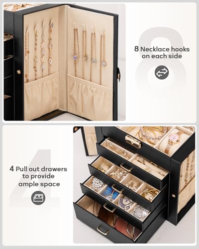Homde Synthetic Leather Huge Jewelry Box Mirrored Watch Organizer Necklace Ring Earring Storage Lockable Gift Case (Black...